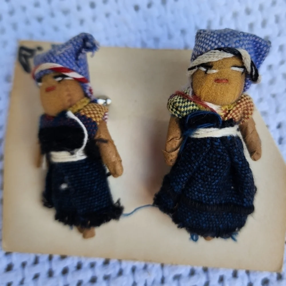 Vintage Handmade Folk Art Doll Pins Textile Brooch Pair Ethnic Boho